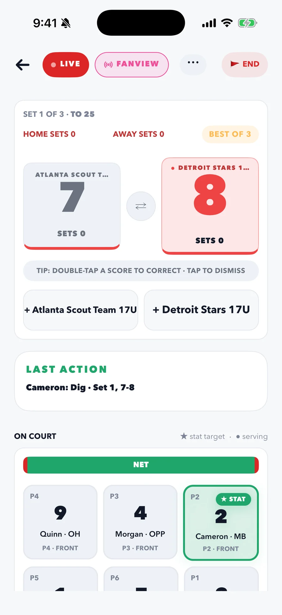 CourtsideView volleyball scorekeeping screen