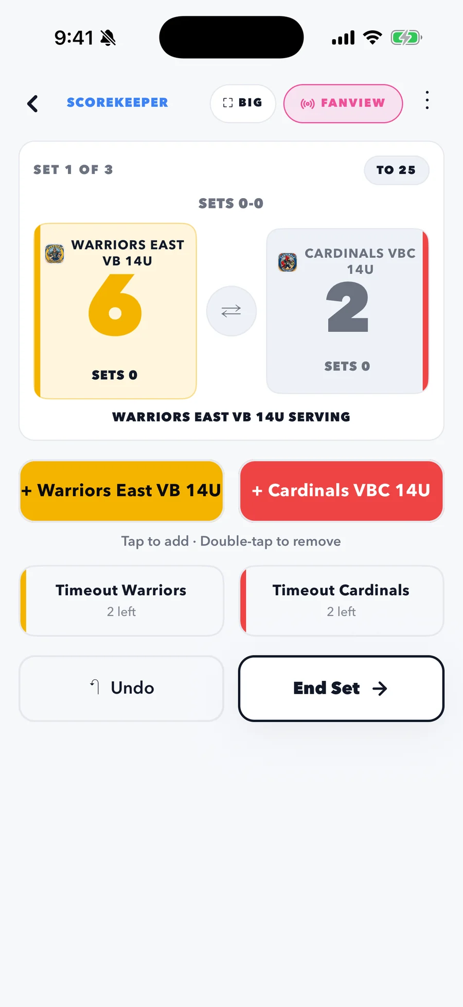 CourtsideView scorekeeper screen with scores, timeouts, and end set controls