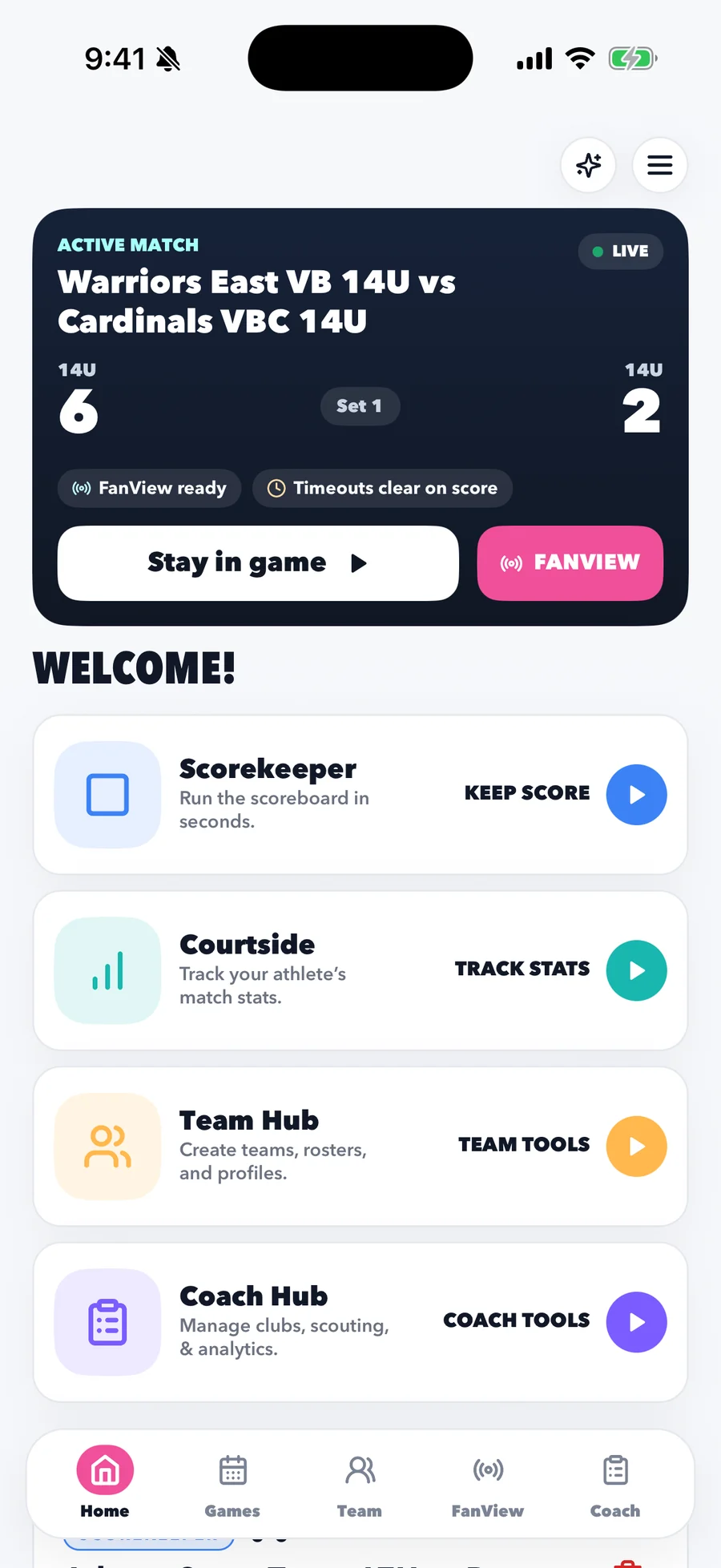 CourtsideView home screen with an active match and role hub options