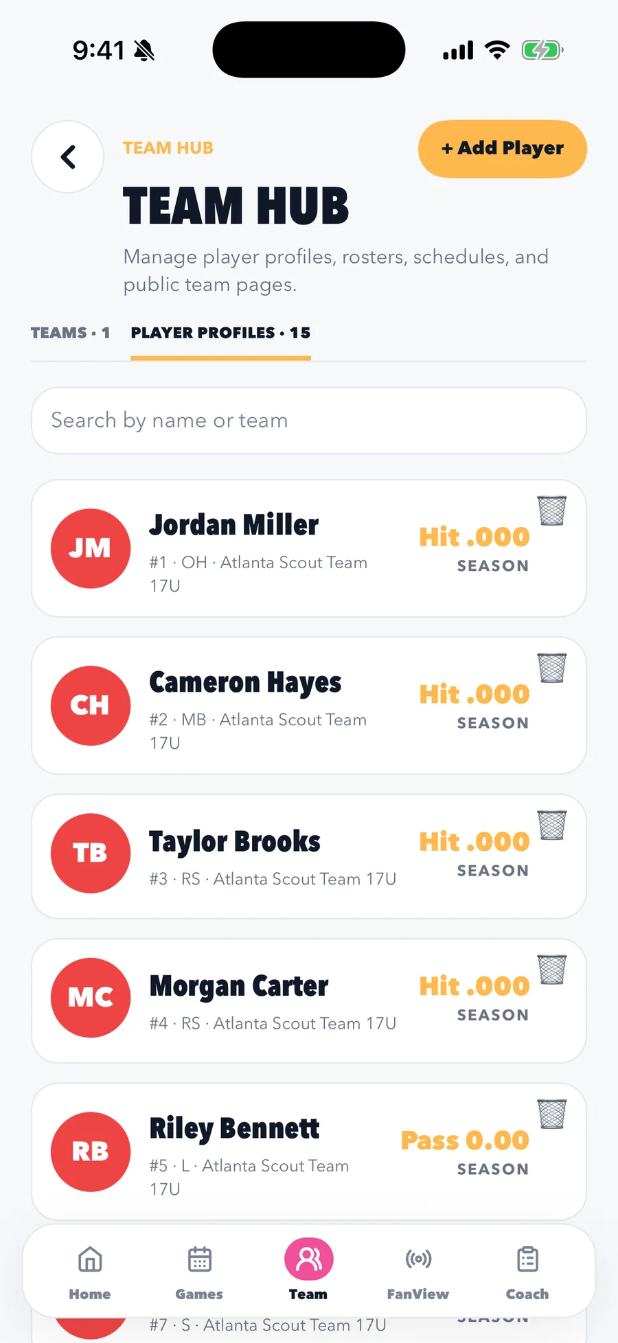 CourtsideView roster hub with volleyball player profiles, positions, and season stats