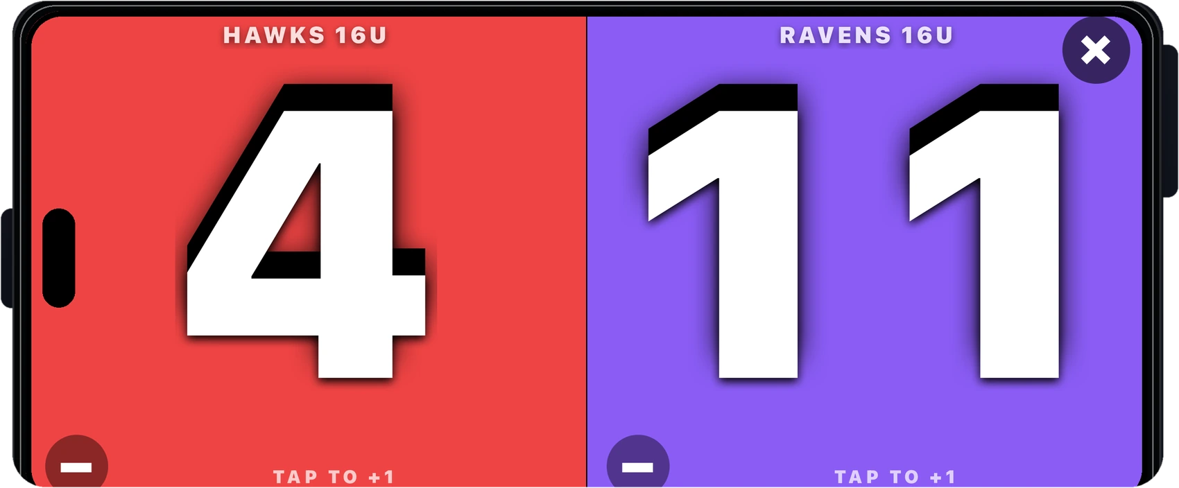CourtsideView landscape big scoreboard mode with large team scores