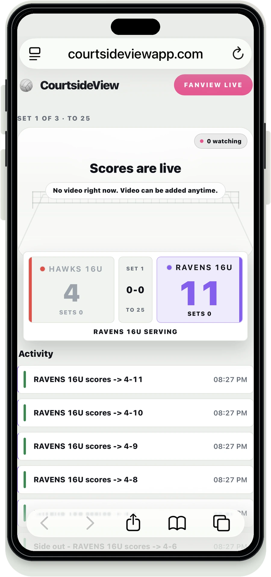 CourtsideView FanView live web page showing live score updates