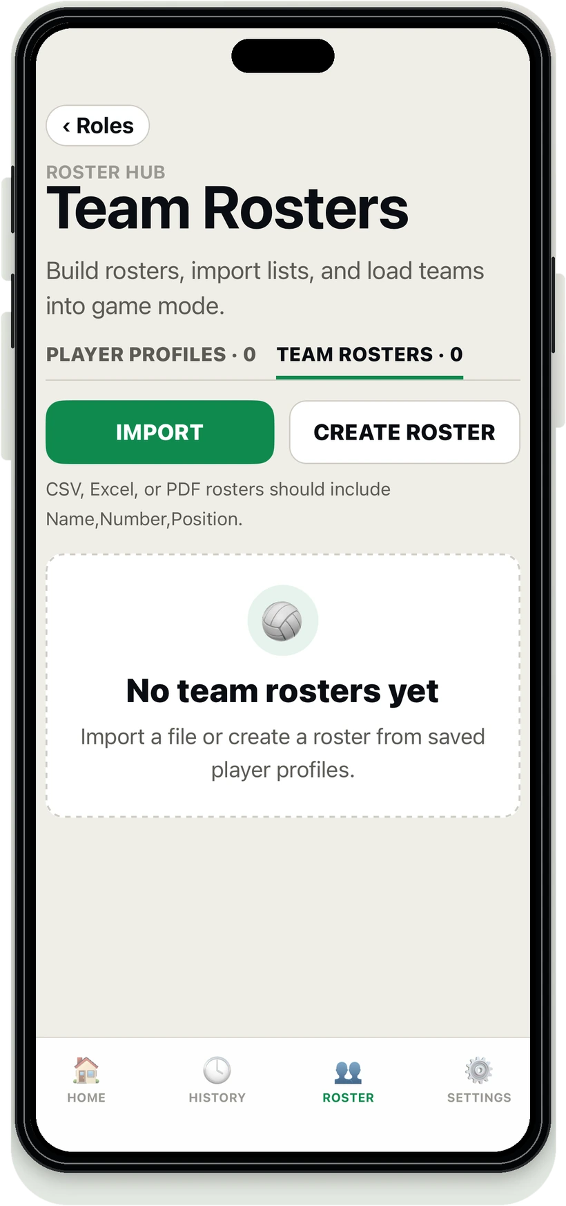 CourtsideView roster hub with import and create roster options