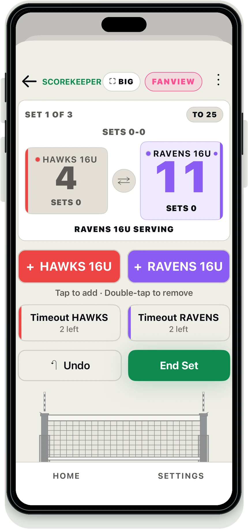 CourtsideView scorekeeper screen with score buttons, timeouts, FanView, and end set controls