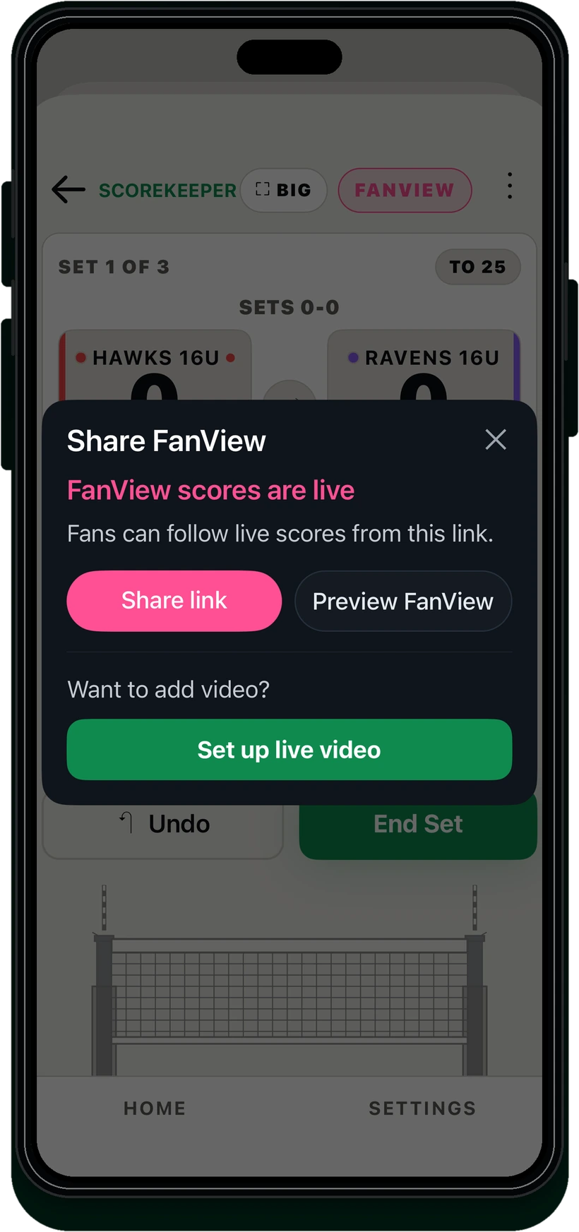 CourtsideView Share FanView modal with share link and live video setup controls